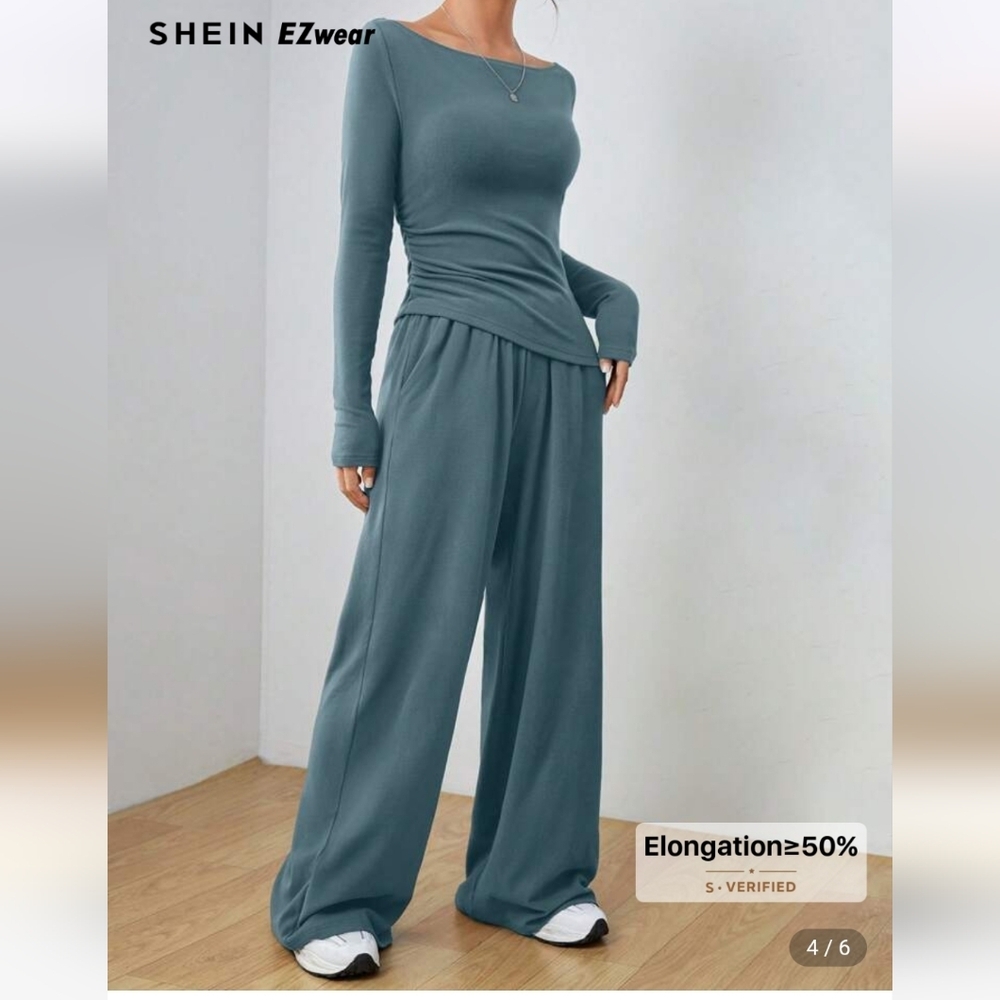 Teal Long Sleeve Top and Wide-Leg Pants Set - Picture 7 of 9